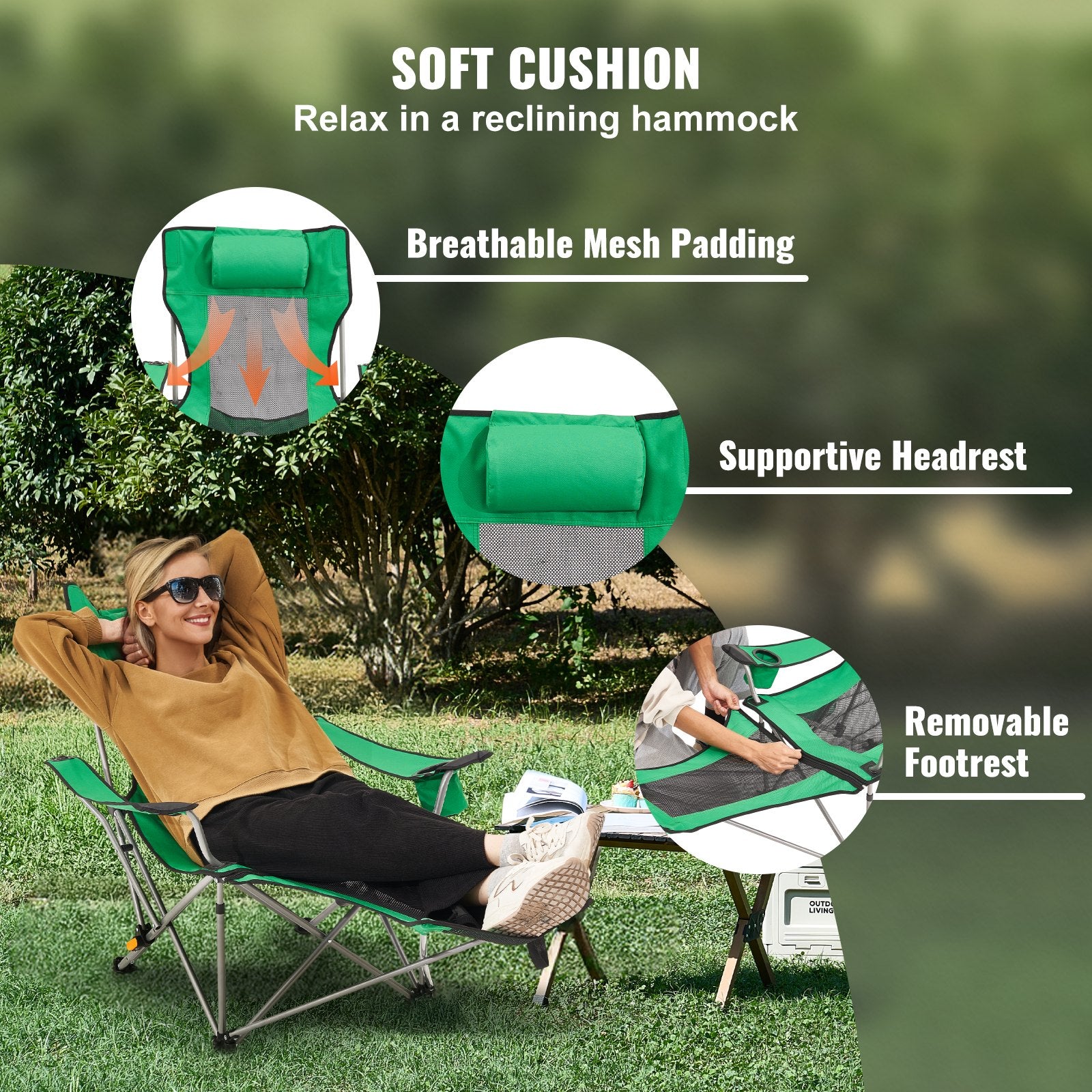 VEVOR Reclining Camping Chair, 330 lbs Portable Camping Chair, 4 Position Load Folding Camping Chair with Footrest, Cup Holder, Side Pocket and Headrest, for Camping, Fishing and Outdoor Activities