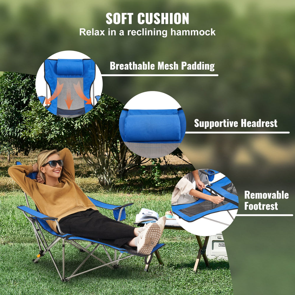 VEVOR Reclining Camping Chair, 330 lbs Folding Camping Chair, 4 Position Load Portable Camping Chair with Footrest, Cup Holder, Side Pocket and Headrest, for Camping, Fishing and Outdoor Activities