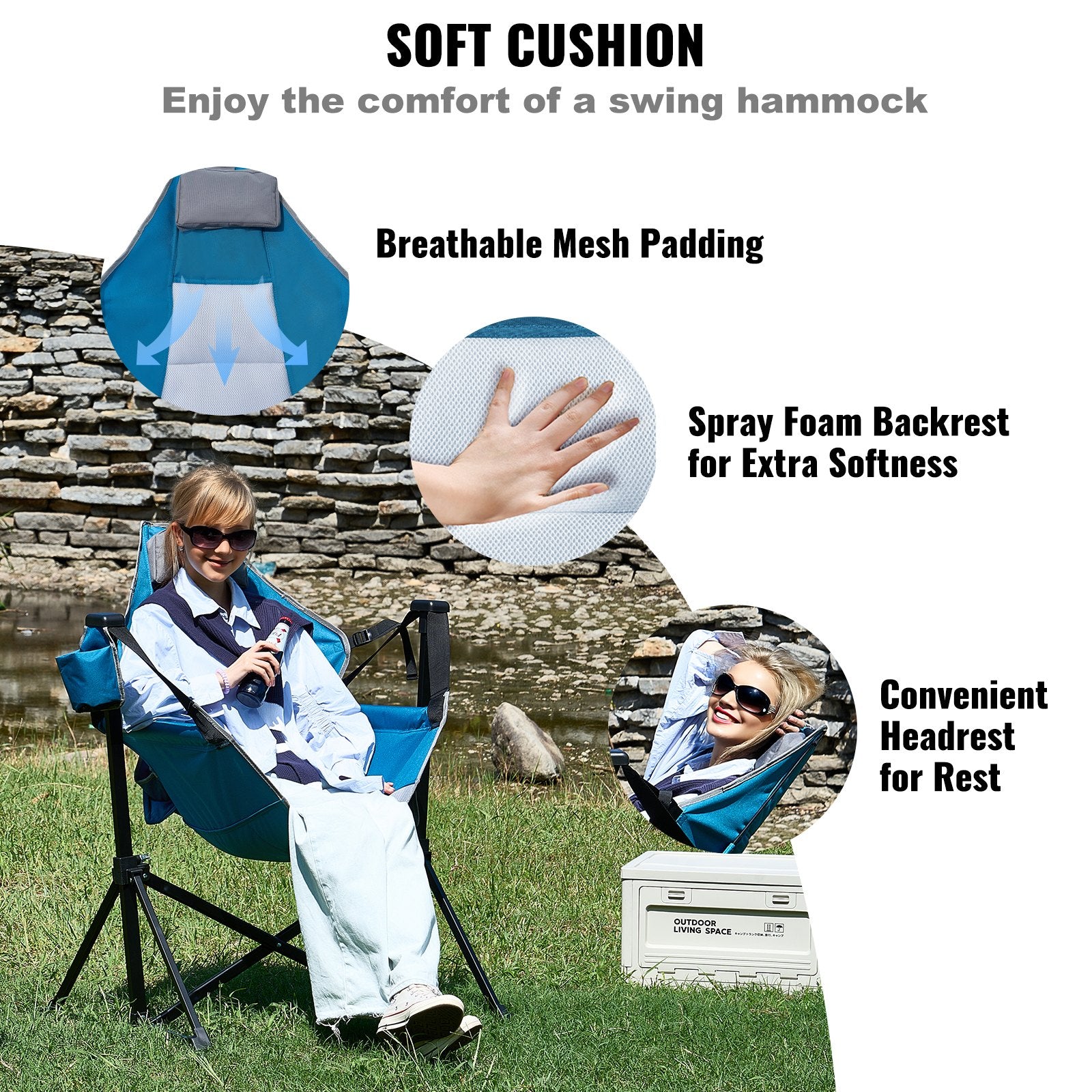 VEVOR Reclining Camping Chair, 300 lbs Load Camping Hammock Chair, Rocking Lounge Folding Chair with Cup Holder Storage Bag Headrest & Adjustable Backrest, for Camping and Other Outdoor Activities