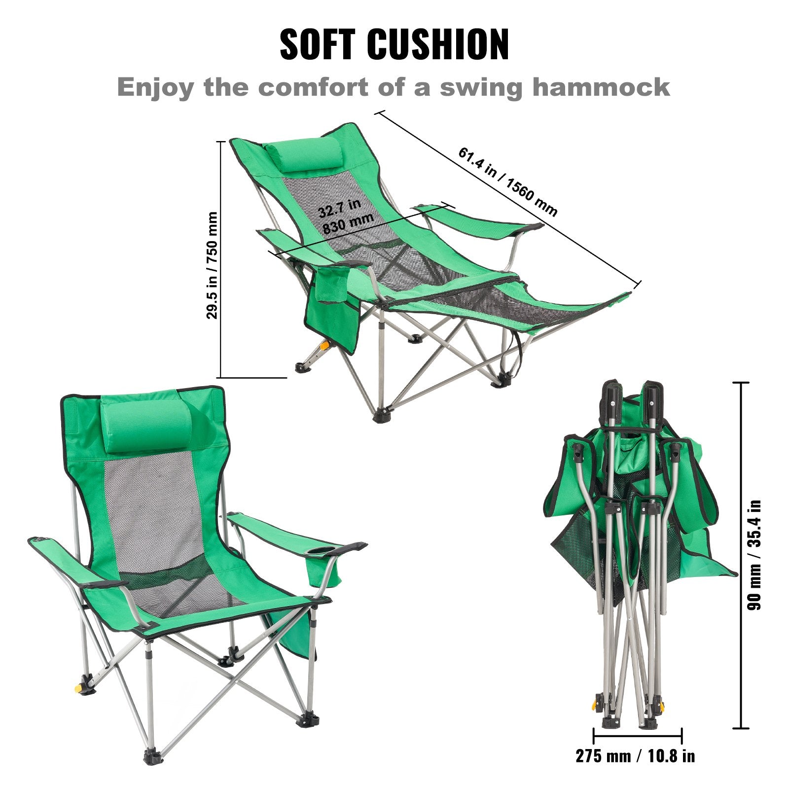 VEVOR Reclining Camping Chair, 330 lbs Portable Camping Chair, 4 Position Load Folding Camping Chair with Footrest, Cup Holder, Side Pocket and Headrest, for Camping, Fishing and Outdoor Activities