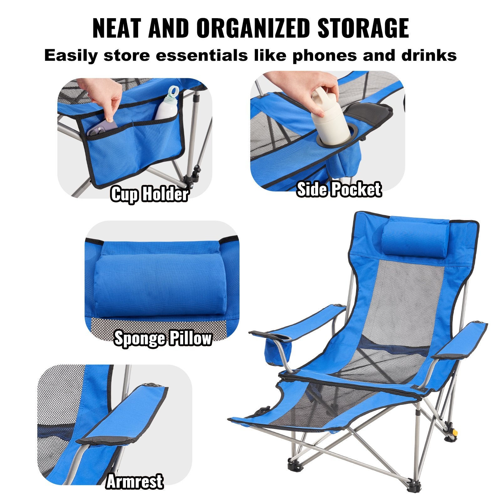 VEVOR Reclining Camping Chair, 330 lbs Folding Camping Chair, 4 Position Load Portable Camping Chair with Footrest, Cup Holder, Side Pocket and Headrest, for Camping, Fishing and Outdoor Activities
