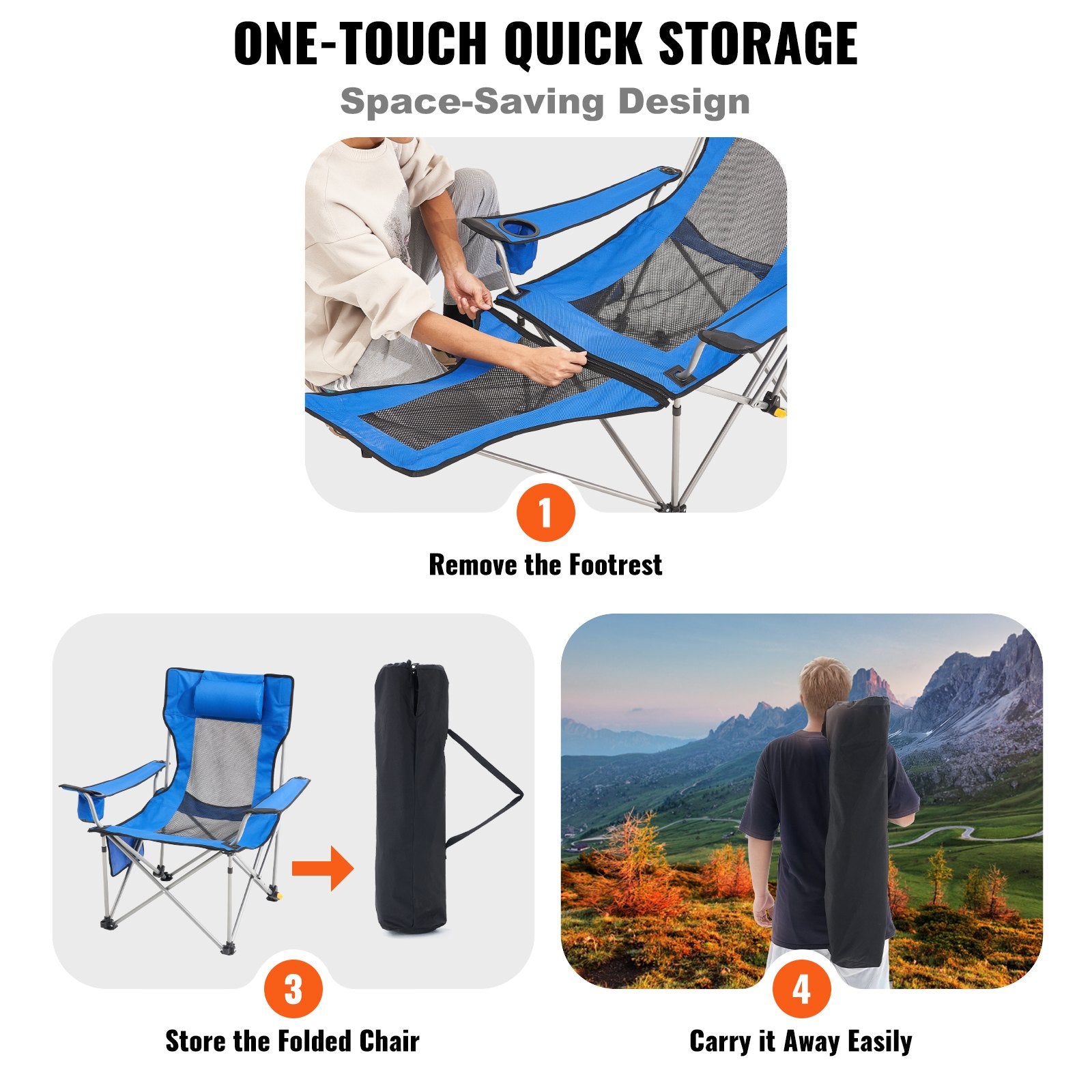 VEVOR Reclining Camping Chair, 330 lbs Folding Camping Chair, 4 Position Load Portable Camping Chair with Footrest, Cup Holder, Side Pocket and Headrest, for Camping, Fishing and Outdoor Activities