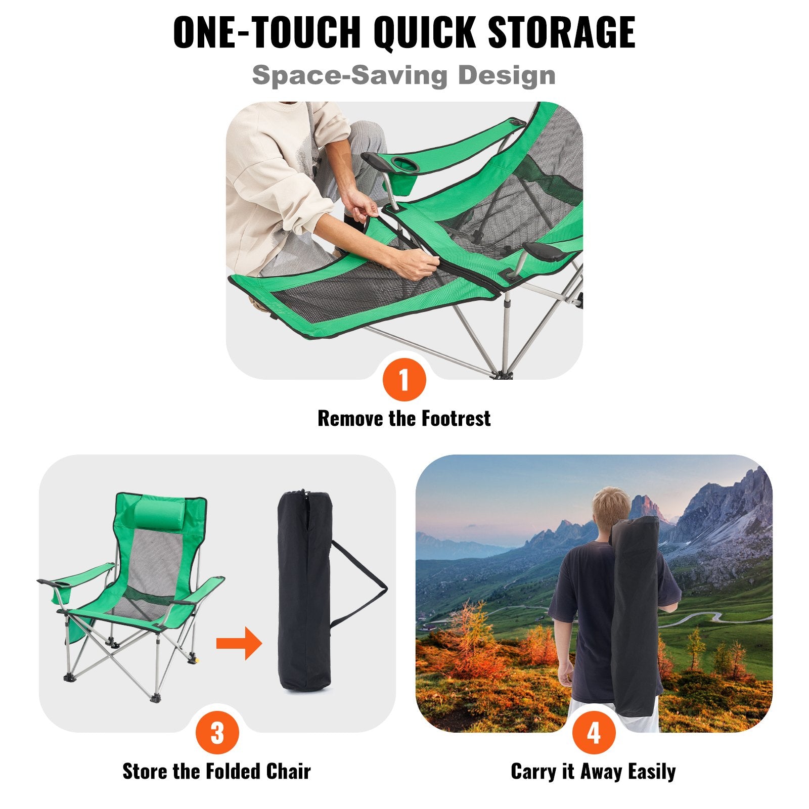 VEVOR Reclining Camping Chair, 330 lbs Portable Camping Chair, 4 Position Load Folding Camping Chair with Footrest, Cup Holder, Side Pocket and Headrest, for Camping, Fishing and Outdoor Activities