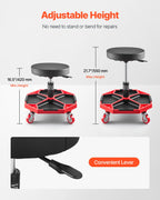 VEVOR Rolling Mechanic Stool with Wheels, 300 lbs Capacity Garage Seat/Work Stool, Adjustable Height (16.5-21.7 in) Roller Creeper Seat with Tool Tray, for Garage, Shop & Auto Repair, Black+Red
