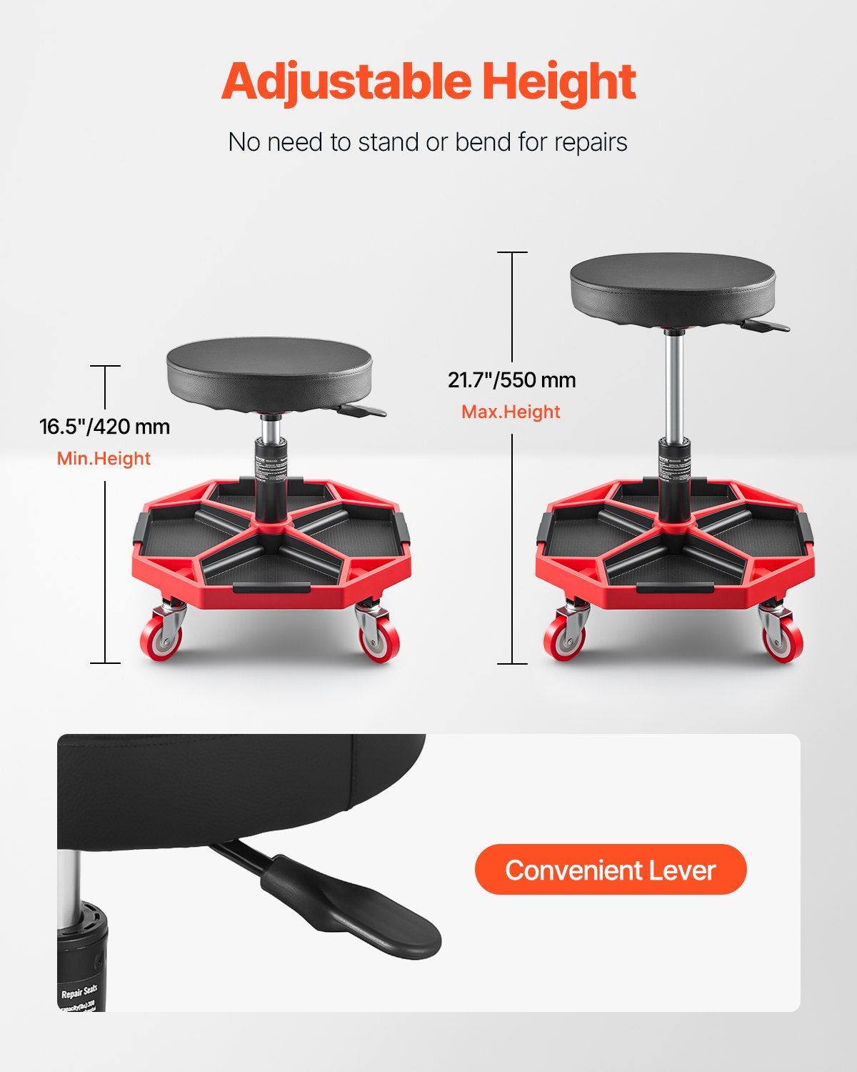 VEVOR Rolling Mechanic Stool with Wheels, 300 lbs Capacity Garage Seat/Work Stool, Adjustable Height (16.5-21.7 in) Roller Creeper Seat with Tool Tray, for Garage, Shop & Auto Repair, Black+Red
