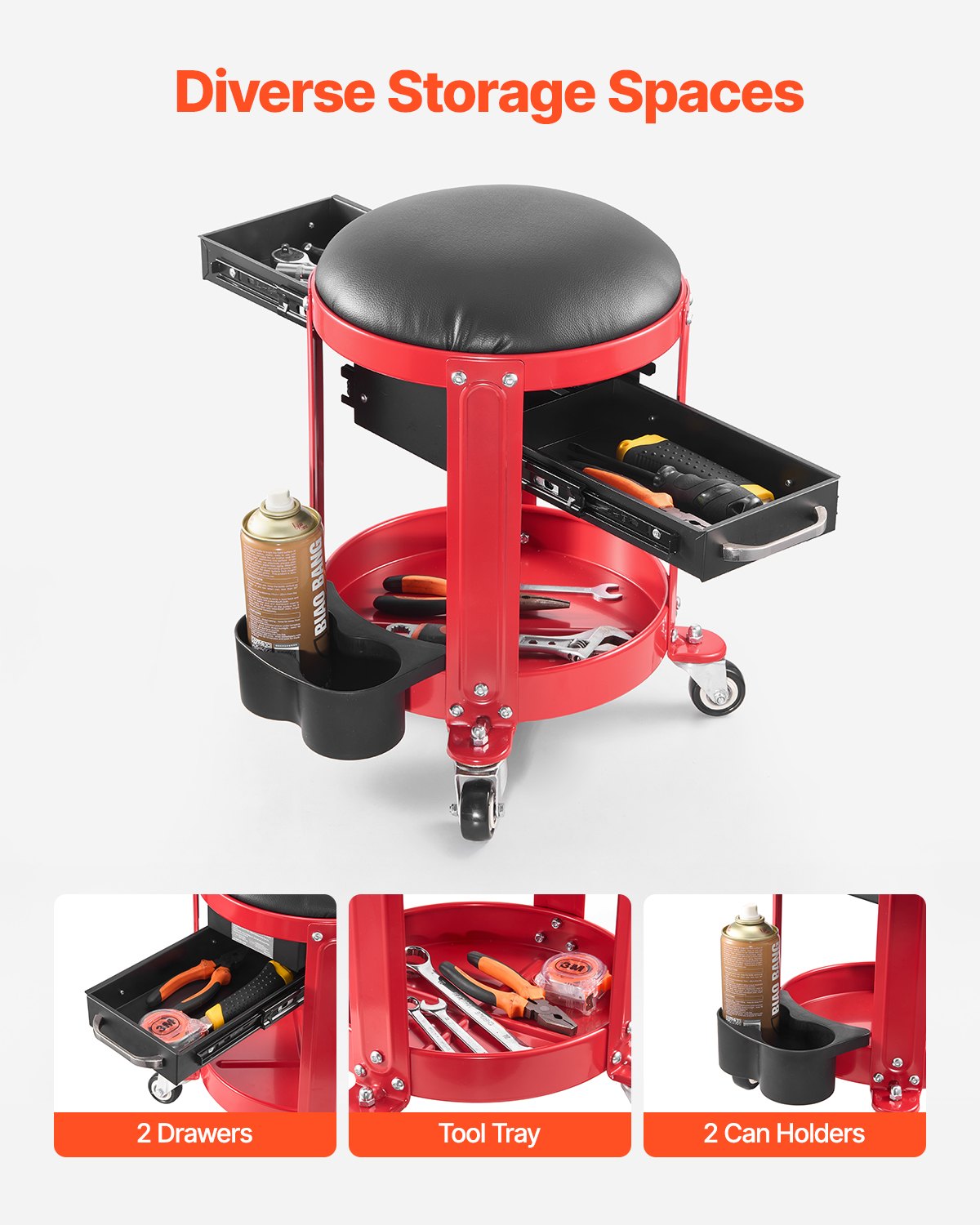 VEVOR Rolling Mechanic Stool with Wheels, 300 lbs Capacity Garage Seat/Work Stool, Padded Roller Creeper Seat with Fixed Height, Tool Tray and 2 Drawers, for Garage, Shop & Auto Repair, Red+Black