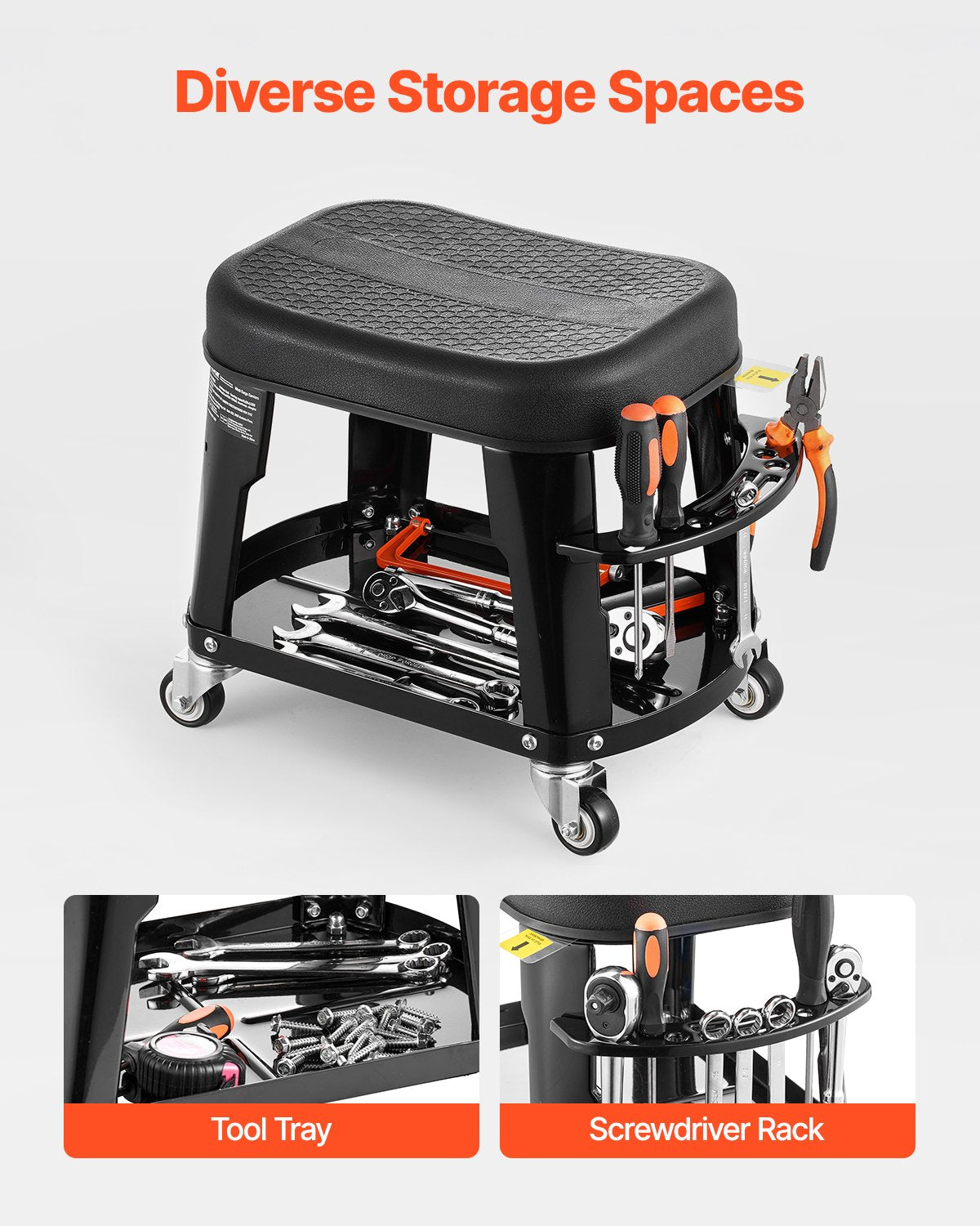VEVOR Mechanic Stool, 300 lbs Capacity Garage Seat/Work Stool with Wheels, 360° Swivel Rolling Workshop Stool with Tool Tray and Screwdriver Rack, Heavy-Duty, for Garage, Shop & Auto Repair, Black