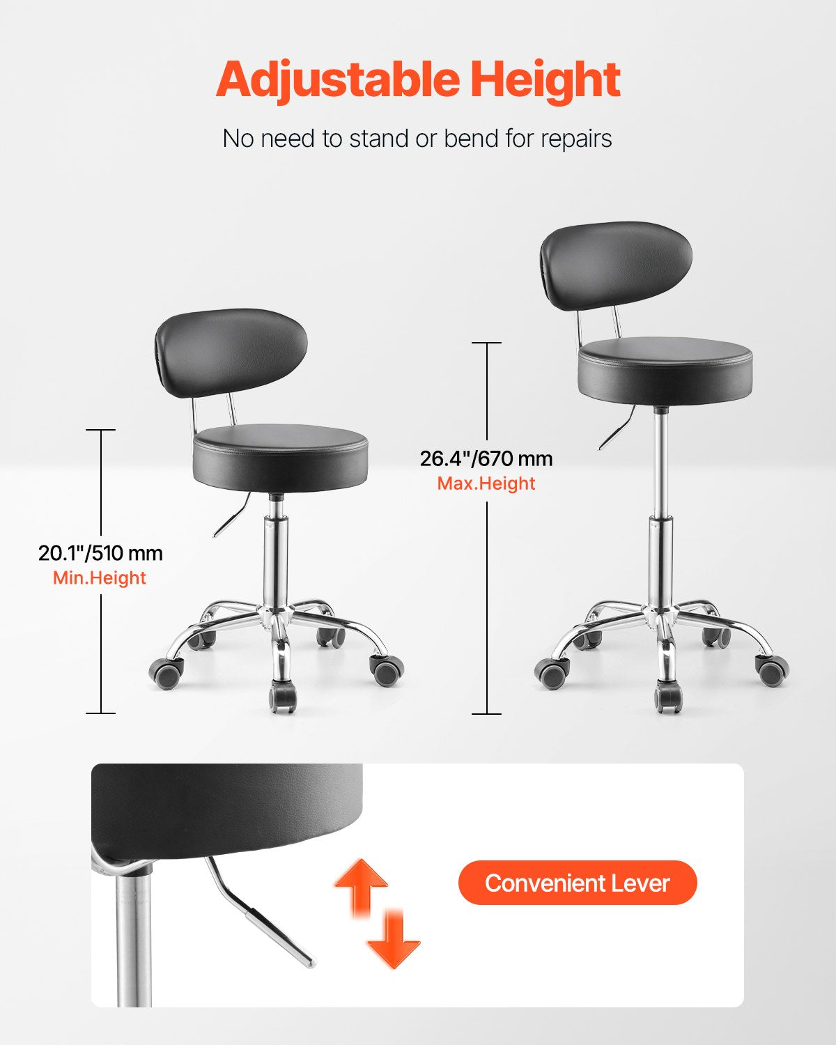 VEVOR Shop Stool with Backrest, Pneumatic Garage Seat/Work Stool with Wheels, 300 lbs Load, Adjustable Roller Creeper Seat, 360° Swivel Padded Workshop Stool, for Garage, Shop & Auto Repair, Black