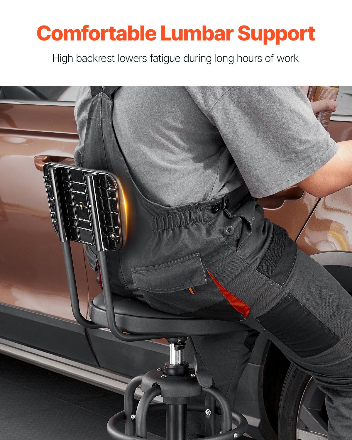 VEVOR Shop Stool with Backrest, Pneumatic Garage Seat/Work Stool with 300 lbs Capacity, Adjustable Height Roller Creeper Seat, 360° Swivel Padded Workshop Stool, for Garage, Shop & Auto Repair, Black