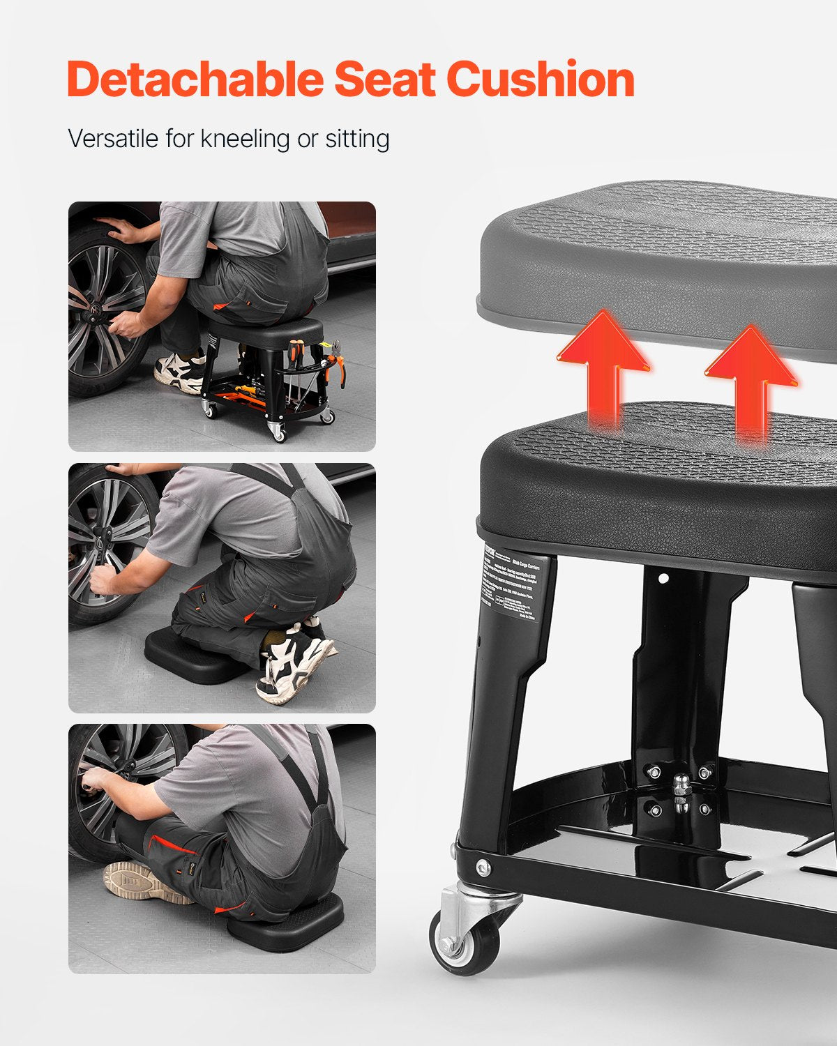VEVOR Mechanic Stool, 300 lbs Capacity Garage Seat/Work Stool with Wheels, 360° Swivel Rolling Workshop Stool with Tool Tray and Screwdriver Rack, Heavy-Duty, for Garage, Shop & Auto Repair, Black