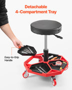 VEVOR Rolling Mechanic Stool with Wheels, 300 lbs Capacity Garage Seat/Work Stool, Adjustable Height (16.5-21.7 in) Roller Creeper Seat with Tool Tray, for Garage, Shop & Auto Repair, Black+Red