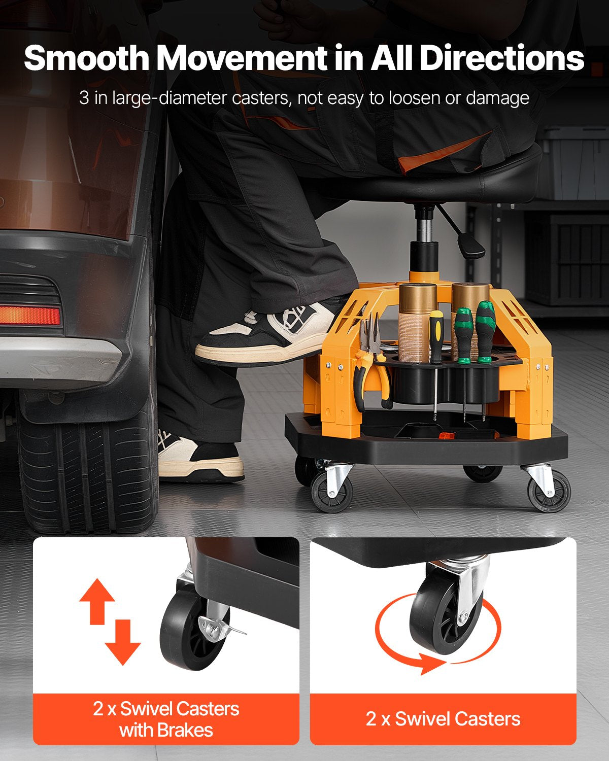 VEVOR Rolling Shop Stool, Heavy-Duty Pneumatic Garage Seat with 300 lbs Capacity, Adjustable Height Roller Creeper Seat, 360° Swivel Padded Workshop Stool with Casters, for Garage, Shop & Auto Repair