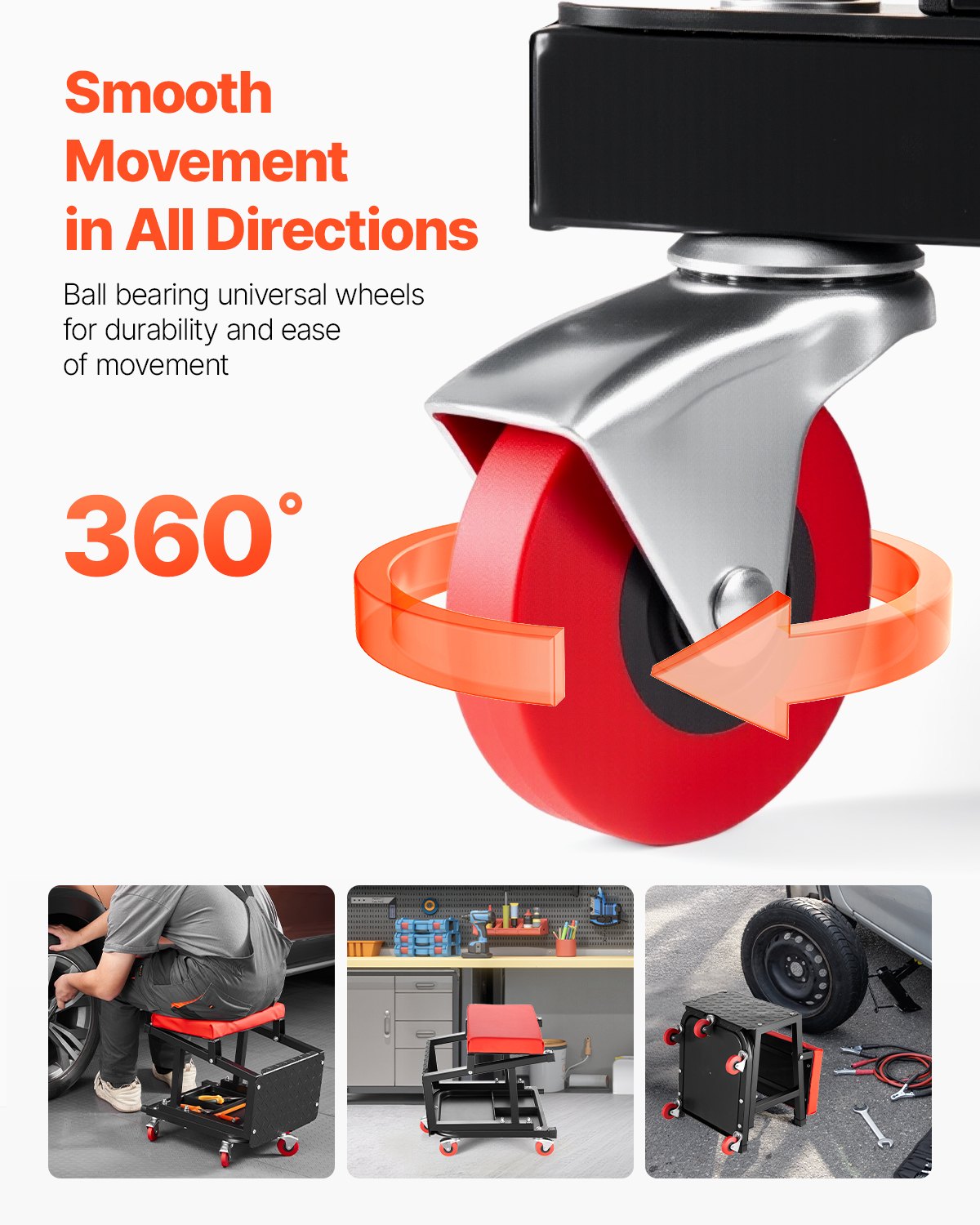 VEVOR Mechanic Stool, 300 lbs Capacity Garage Seat/Work Stool with Wheels, 360° Swivel Rolling Workshop Stool with Tool Tray, Mechanics Creeper Seat/Step Stool, for Garage, Shop & Auto Repair, Black