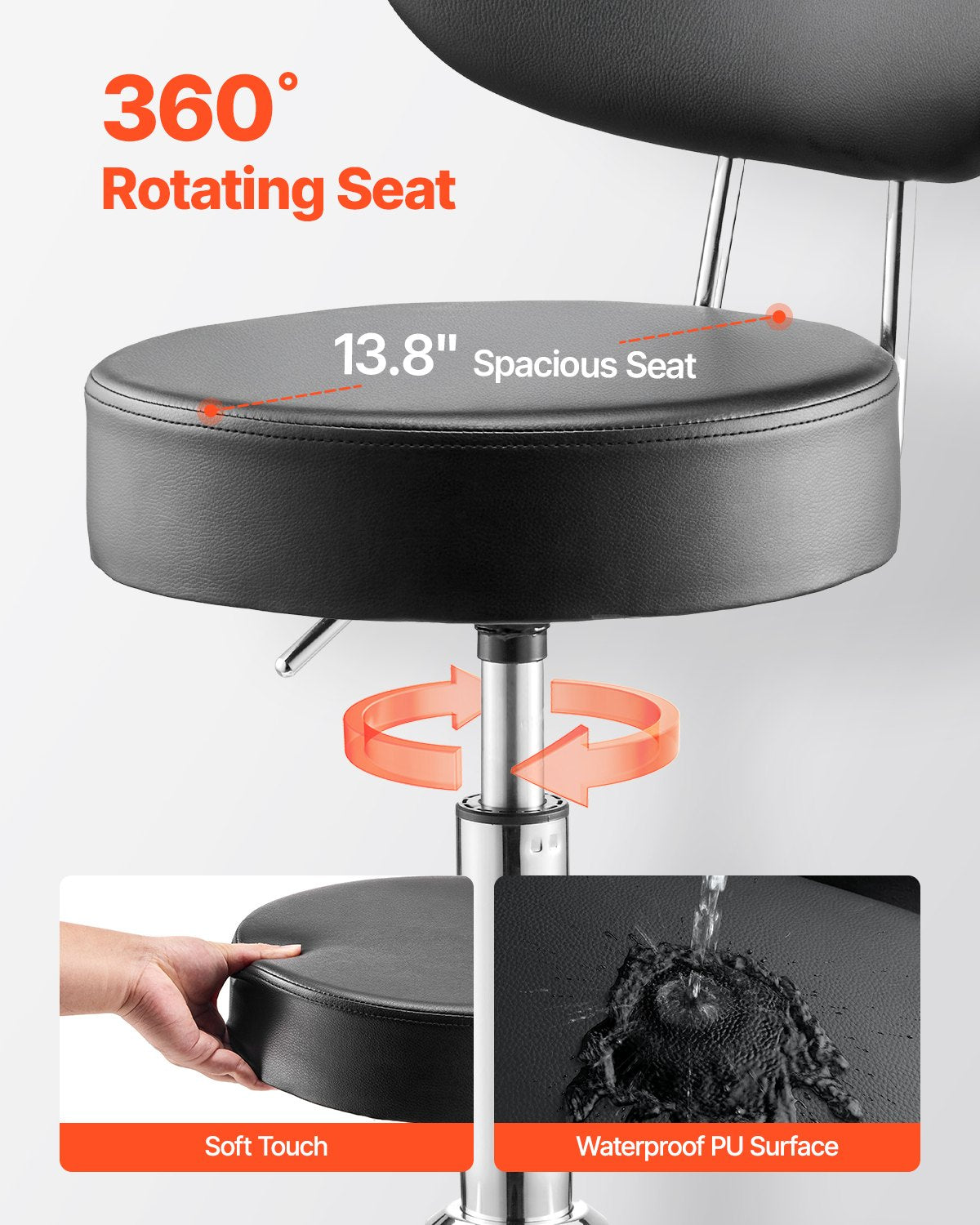 VEVOR Shop Stool with Backrest, Pneumatic Garage Seat/Work Stool with Wheels, 300 lbs Load, Adjustable Roller Creeper Seat, 360° Swivel Padded Workshop Stool, for Garage, Shop & Auto Repair, Black