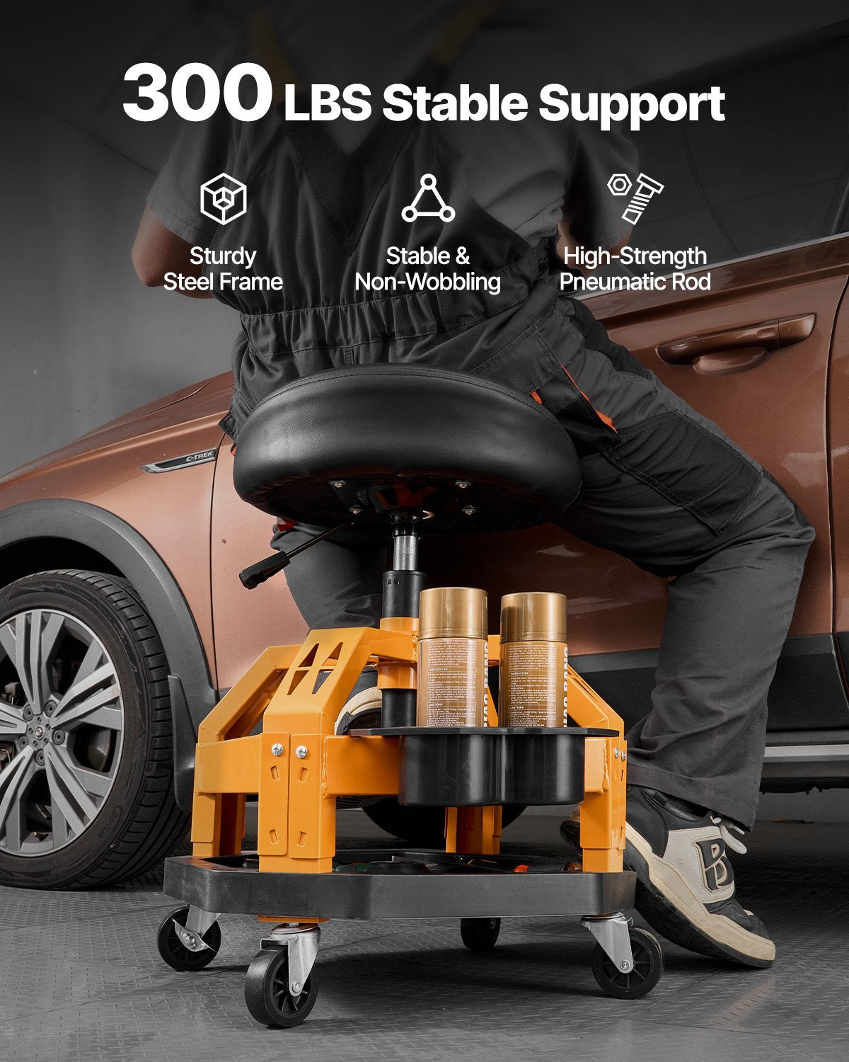 VEVOR Rolling Shop Stool, Heavy-Duty Pneumatic Garage Seat with 300 lbs Capacity, Adjustable Height Roller Creeper Seat, 360° Swivel Padded Workshop Stool with Casters, for Garage, Shop & Auto Repair