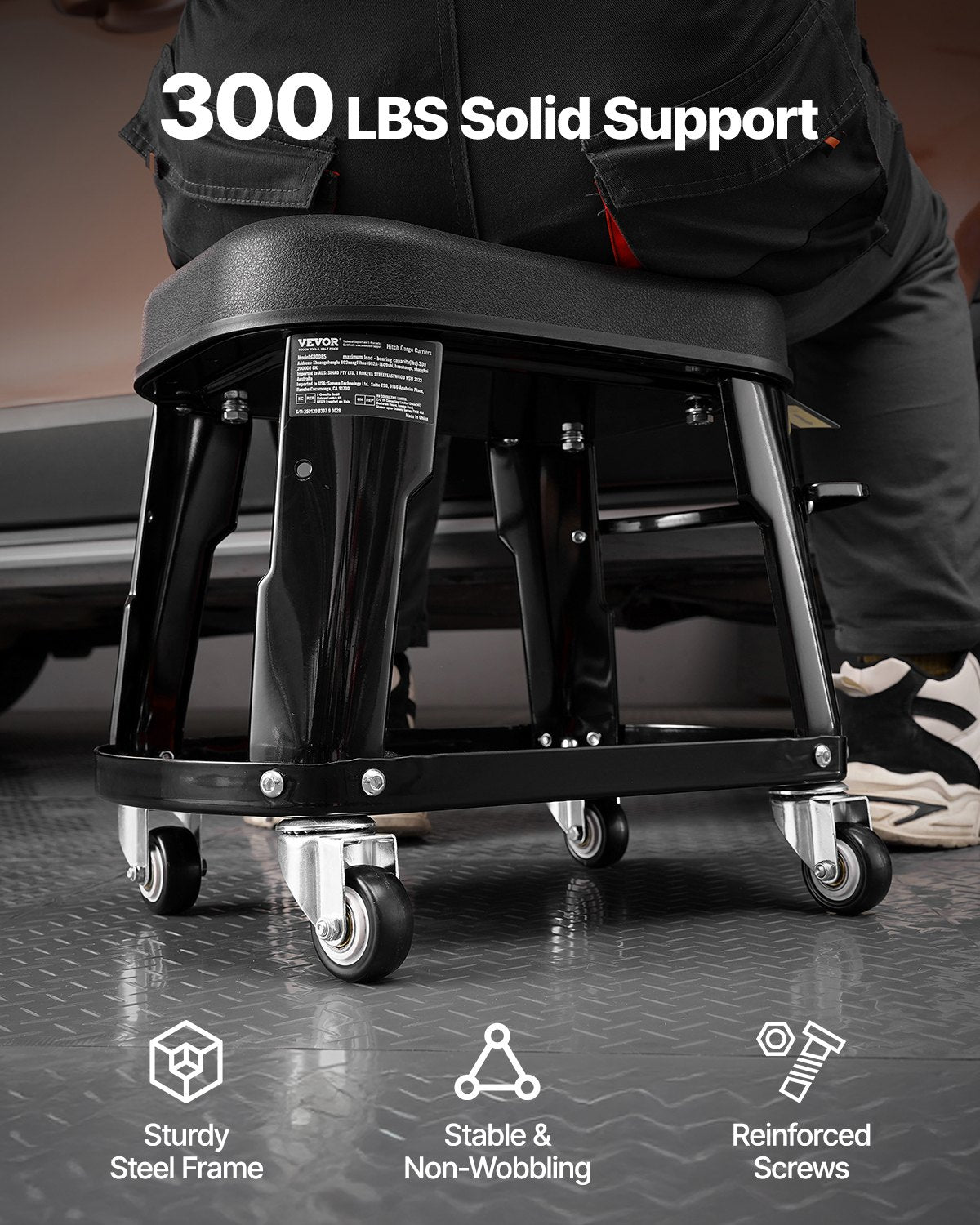 VEVOR Mechanic Stool, 300 lbs Capacity Garage Seat/Work Stool with Wheels, 360° Swivel Rolling Workshop Stool with Tool Tray and Screwdriver Rack, Heavy-Duty, for Garage, Shop & Auto Repair, Black