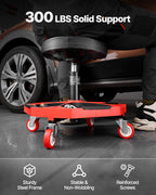 VEVOR Rolling Mechanic Stool with Wheels, 300 lbs Capacity Garage Seat/Work Stool, Adjustable Height (16.5-21.7 in) Roller Creeper Seat with Tool Tray, for Garage, Shop & Auto Repair, Black+Red