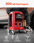 VEVOR Rolling Mechanic Stool with Wheels, 300 lbs Capacity Garage Seat/Work Stool, Padded Roller Creeper Seat with Fixed Height, Tool Tray and 2 Drawers, for Garage, Shop & Auto Repair, Red+Black