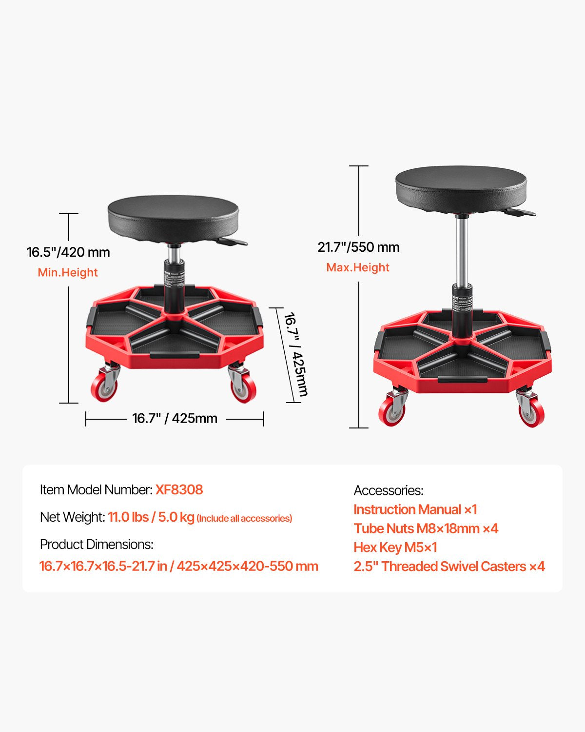 VEVOR Rolling Mechanic Stool with Wheels, 300 lbs Capacity Garage Seat/Work Stool, Adjustable Height (16.5-21.7 in) Roller Creeper Seat with Tool Tray, for Garage, Shop & Auto Repair, Black+Red