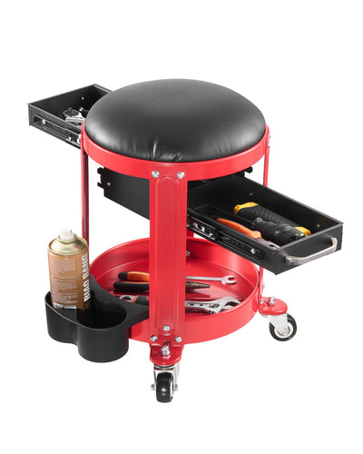 VEVOR Rolling Mechanic Stool with Wheels, 300 lbs Capacity Garage Seat/Work Stool, Padded Roller Creeper Seat with Fixed Height, Tool Tray and 2 Drawers, for Garage, Shop & Auto Repair, Red+Black