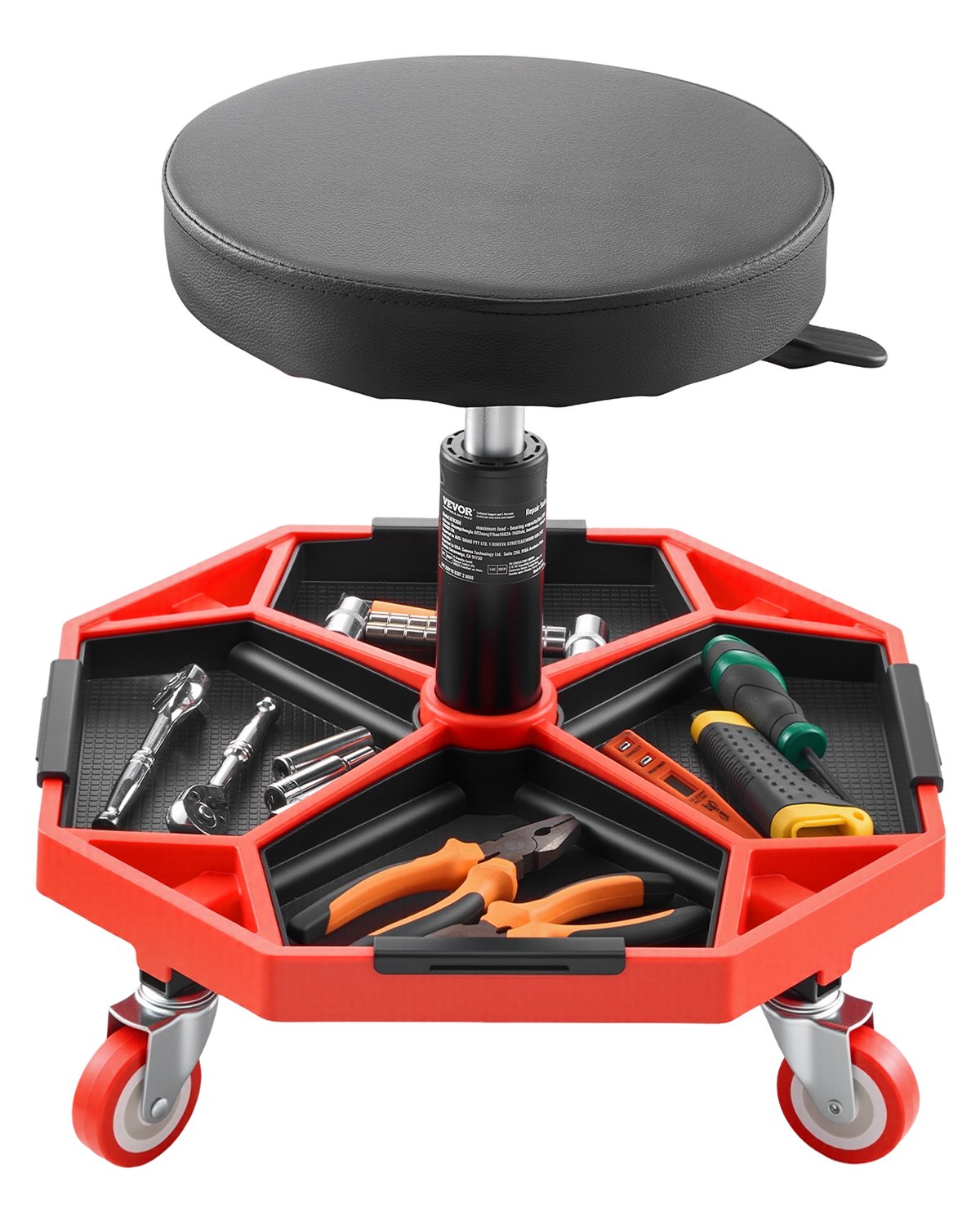 VEVOR Rolling Mechanic Stool with Wheels, 300 lbs Capacity Garage Seat/Work Stool, Adjustable Height (16.5-21.7 in) Roller Creeper Seat with Tool Tray, for Garage, Shop & Auto Repair, Black+Red
