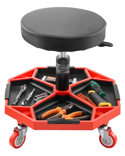 VEVOR Rolling Mechanic Stool with Wheels, 300 lbs Capacity Garage Seat/Work Stool, Adjustable Height (16.5-21.7 in) Roller Creeper Seat with Tool Tray, for Garage, Shop & Auto Repair, Black+Red