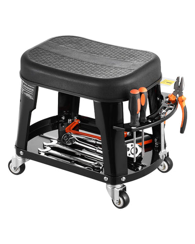 VEVOR Mechanic Stool, 300 lbs Capacity Garage Seat/Work Stool with Wheels, 360° Swivel Rolling Workshop Stool with Tool Tray and Screwdriver Rack, Heavy-Duty, for Garage, Shop & Auto Repair, Black