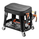 VEVOR Mechanic Stool, 300 lbs Capacity Garage Seat/Work Stool with Wheels, 360° Swivel Rolling Workshop Stool with Tool Tray and Screwdriver Rack, Heavy-Duty, for Garage, Shop & Auto Repair, Black