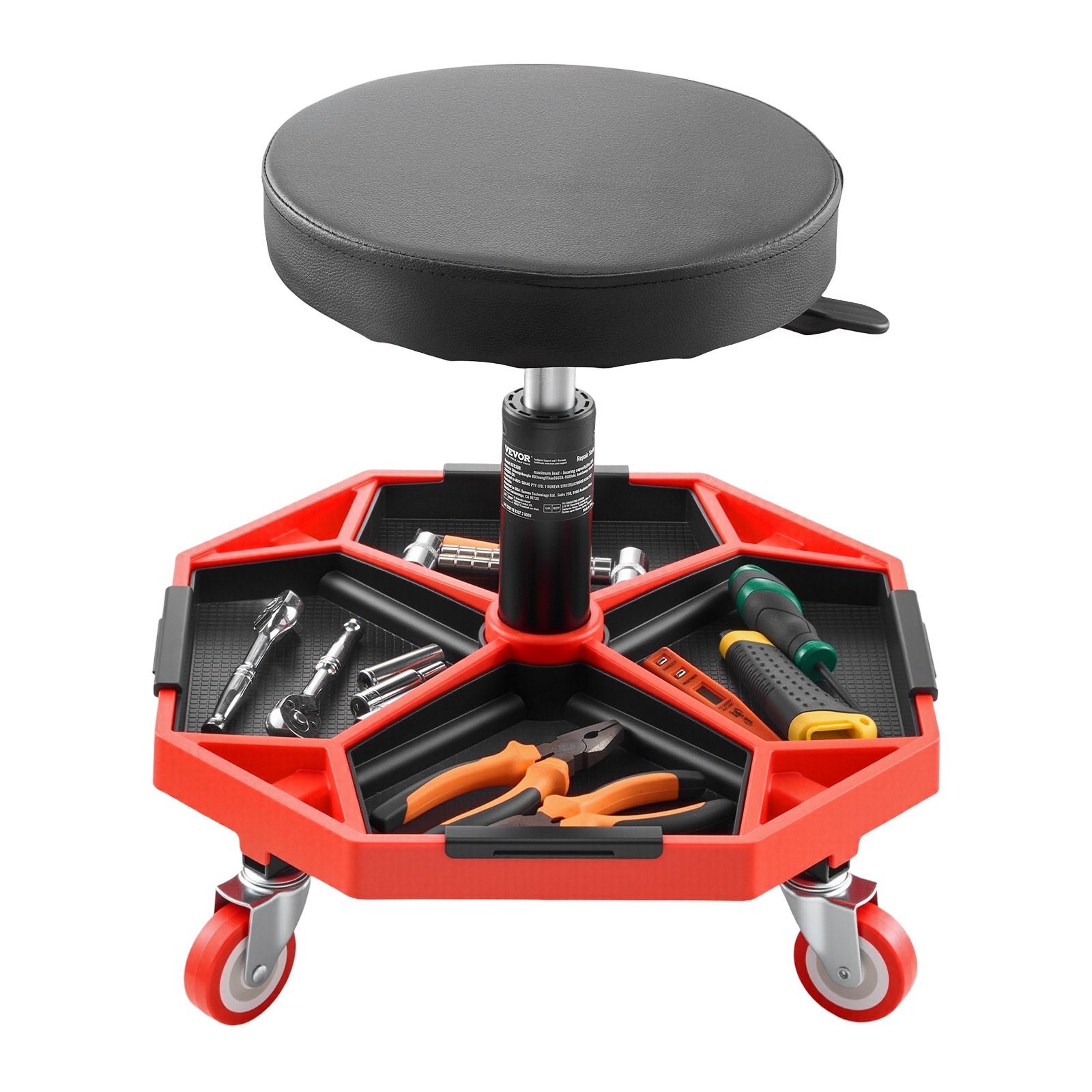 VEVOR Rolling Mechanic Stool with Wheels, 300 lbs Capacity Garage Seat/Work Stool, Adjustable Height (16.5-21.7 in) Roller Creeper Seat with Tool Tray, for Garage, Shop & Auto Repair, Black+Red
