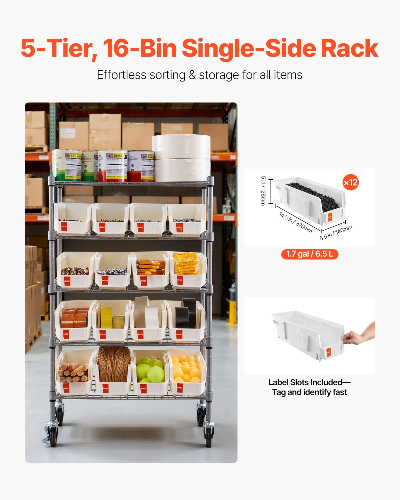 VEVOR 5-Tier Rolling Bin Storage Rack, 16 Organizer Bins, Bin Rack Storage Steel Wire Shelving System with Wheels, Mobile Tool Organizer for Garage, Warehouse, Office, Restaurant, Classroom, Kitchen