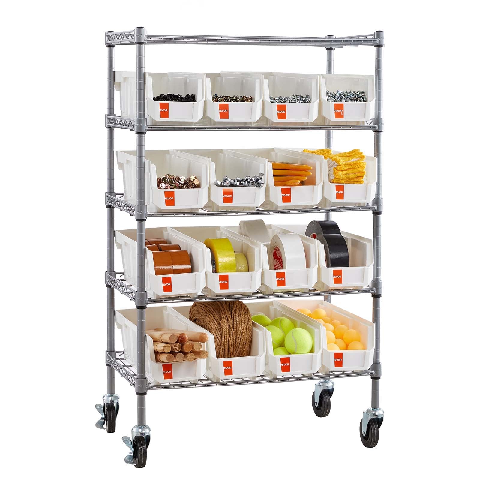 VEVOR 5-Tier Rolling Bin Storage Rack, 16 Organizer Bins, Bin Rack Storage Steel Wire Shelving System with Wheels, Mobile Tool Organizer for Garage, Warehouse, Office, Restaurant, Classroom, Kitchen
