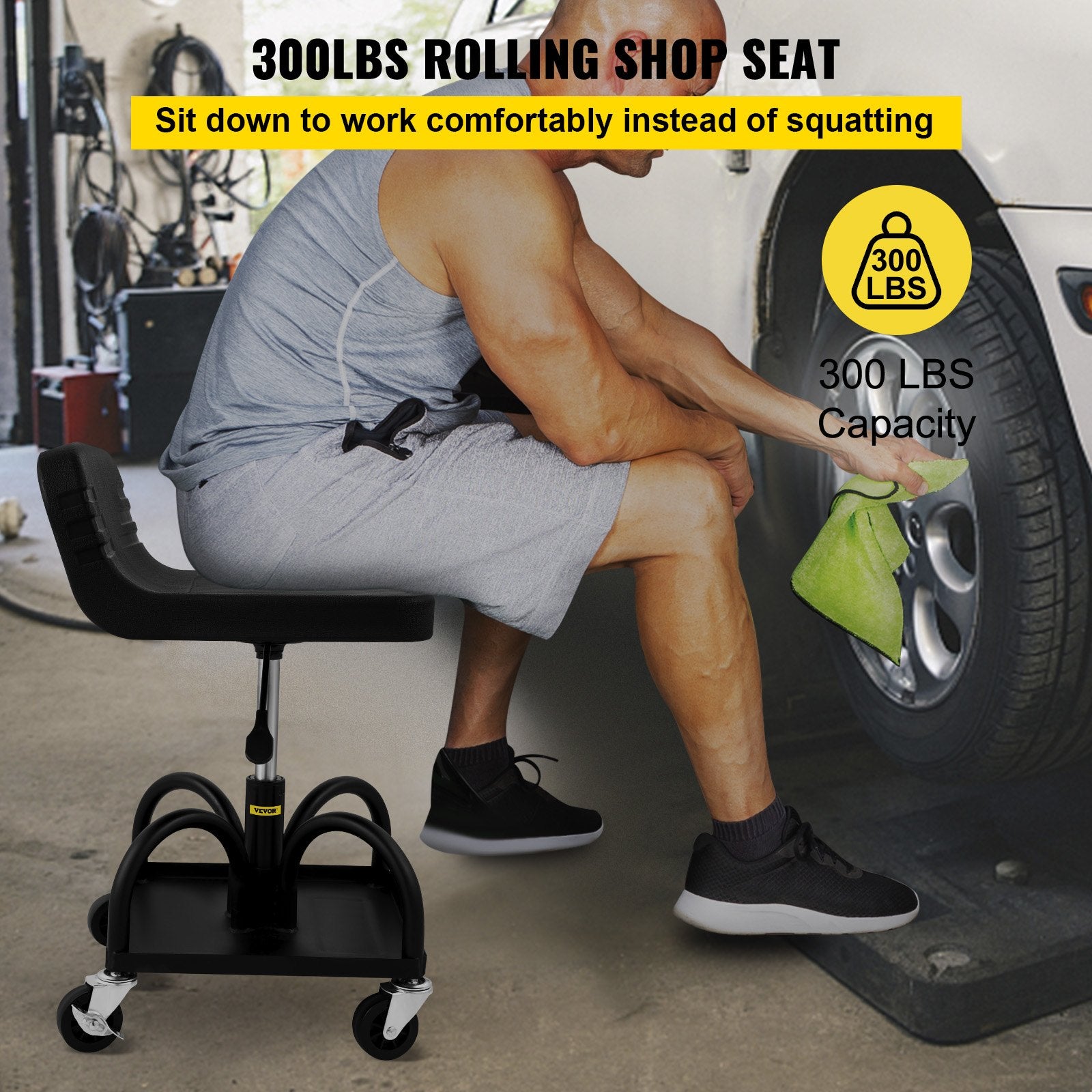 VEVOR Rolling Garage Stool, 300LBS/136 kg Capacity, Adjustable Height from 15.7 in/40 cm to 20.5 in/52.1 cm, Mechanic Seat with 360-degree Swivel Wheels and Tool Tray, for Workshop, Auto Repair Shop, Black