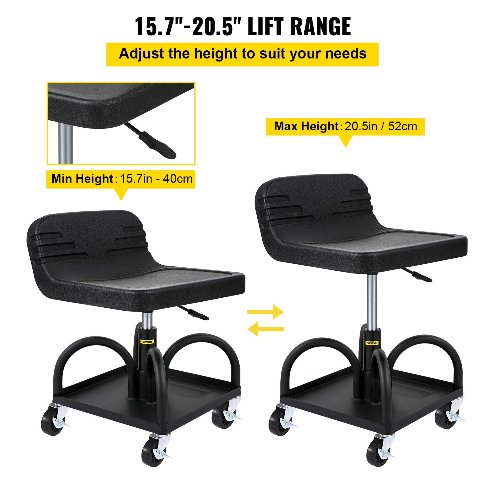 VEVOR Rolling Garage Stool, 300LBS/136 kg Capacity, Adjustable Height from 15.7 in/40 cm to 20.5 in/52.1 cm, Mechanic Seat with 360-degree Swivel Wheels and Tool Tray, for Workshop, Auto Repair Shop, Black