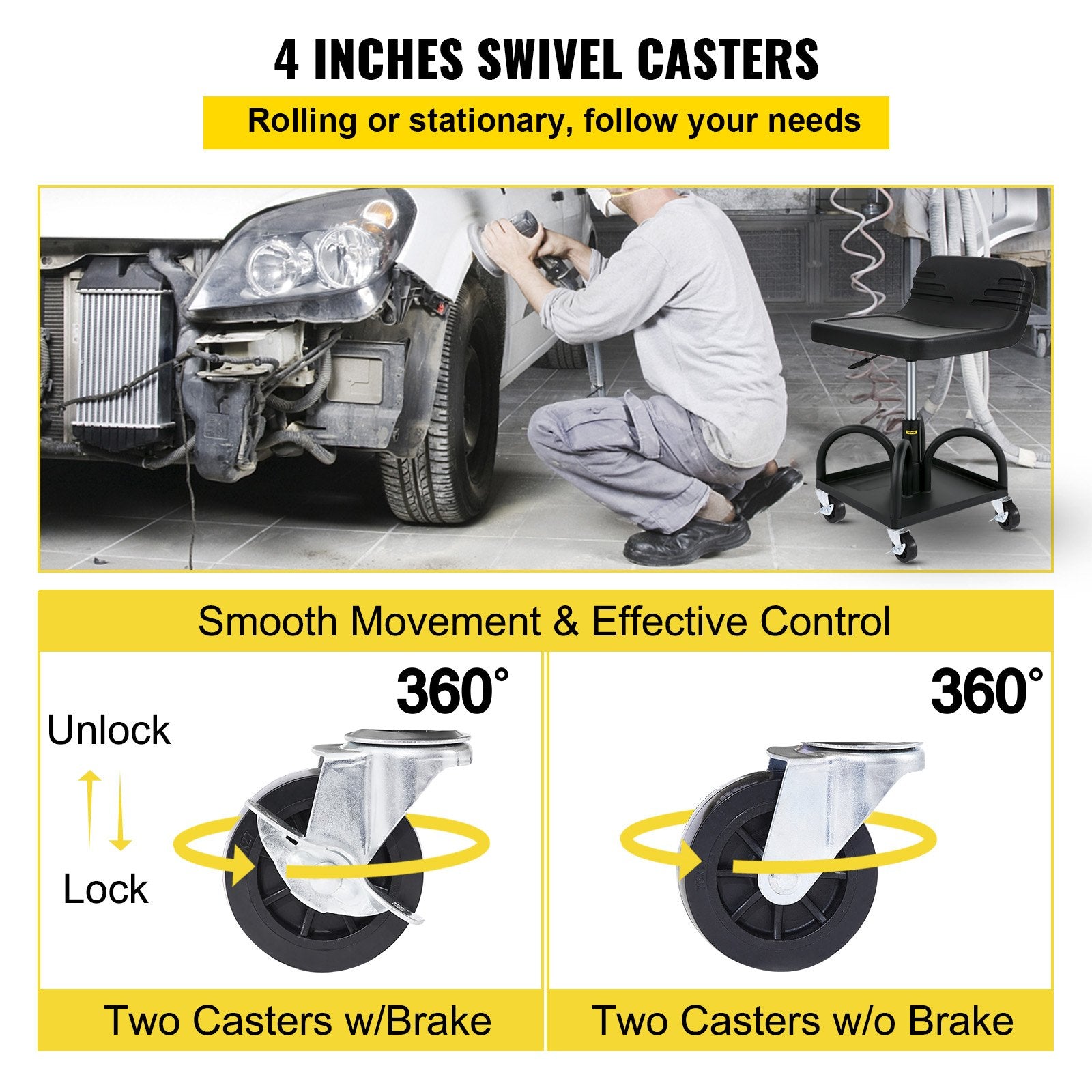 VEVOR Rolling Garage Stool, 300LBS/136 kg Capacity, Adjustable Height from 15.7 in/40 cm to 20.5 in/52.1 cm, Mechanic Seat with 360-degree Swivel Wheels and Tool Tray, for Workshop, Auto Repair Shop, Black