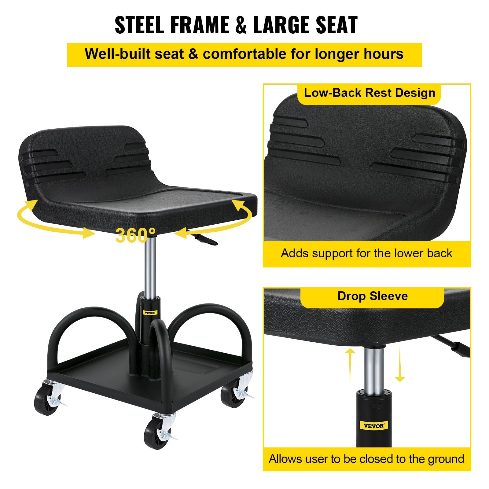VEVOR Rolling Garage Stool, 300LBS/136 kg Capacity, Adjustable Height from 15.7 in/40 cm to 20.5 in/52.1 cm, Mechanic Seat with 360-degree Swivel Wheels and Tool Tray, for Workshop, Auto Repair Shop, Black