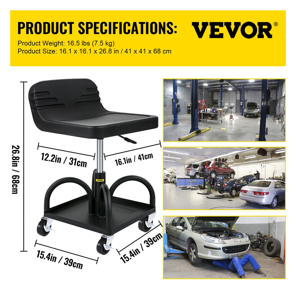 VEVOR Rolling Garage Stool, 300LBS/136 kg Capacity, Adjustable Height from 15.7 in/40 cm to 20.5 in/52.1 cm, Mechanic Seat with 360-degree Swivel Wheels and Tool Tray, for Workshop, Auto Repair Shop, Black