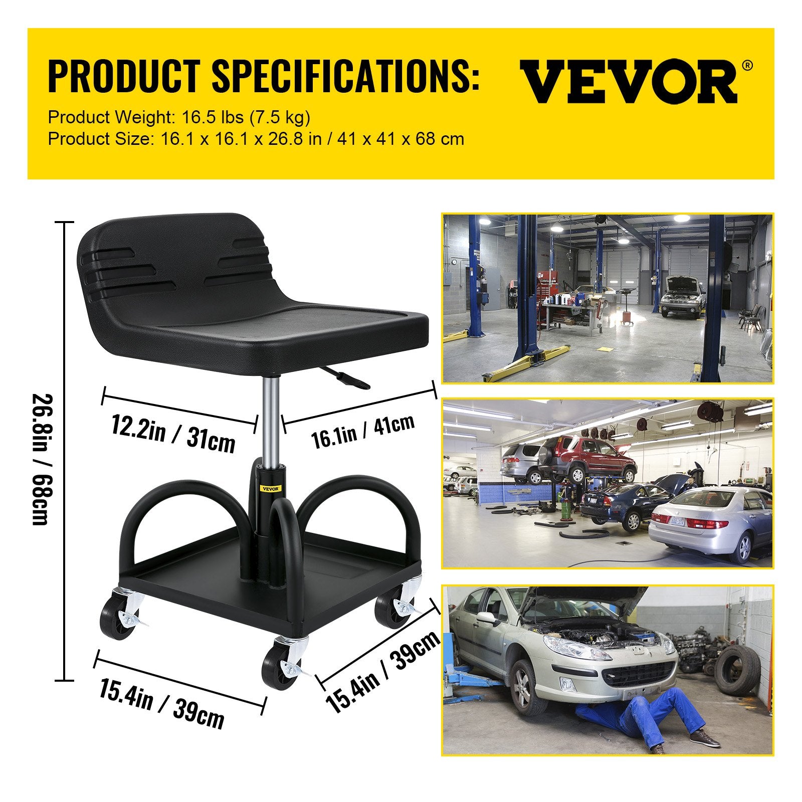 VEVOR Rolling Garage Stool, 300LBS/136 kg Capacity, Adjustable Height from 15.7 in/40 cm to 20.5 in/52.1 cm, Mechanic Seat with 360-degree Swivel Wheels and Tool Tray, for Workshop, Auto Repair Shop, Black