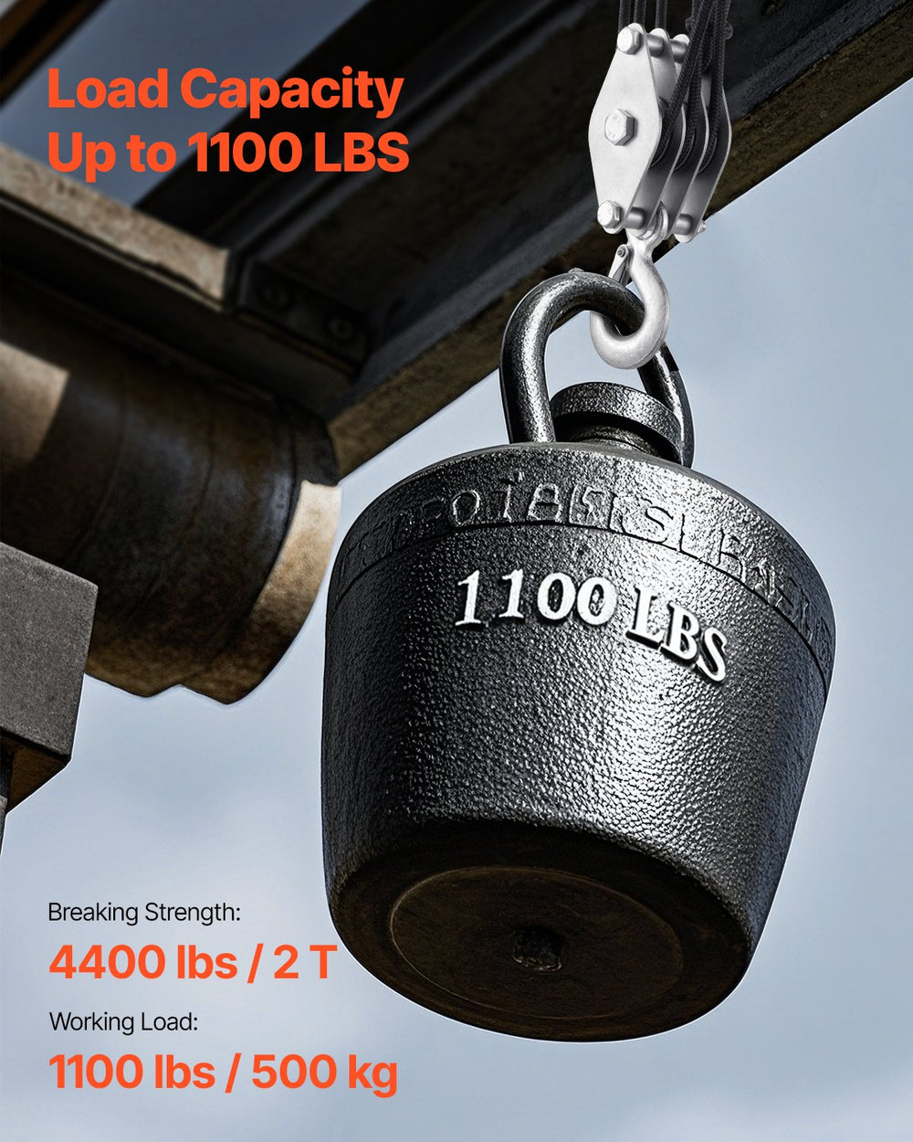 VEVOR 4400 lbs Breaking Strength 100 FT Rope Pulley Hoist, 5:1 Lifting Power Heavy Duty Pulley System with 2pcs Soft Loops, Metal Wheels Bearing Structure, Block and Tackle for Lifting Heavy Objects