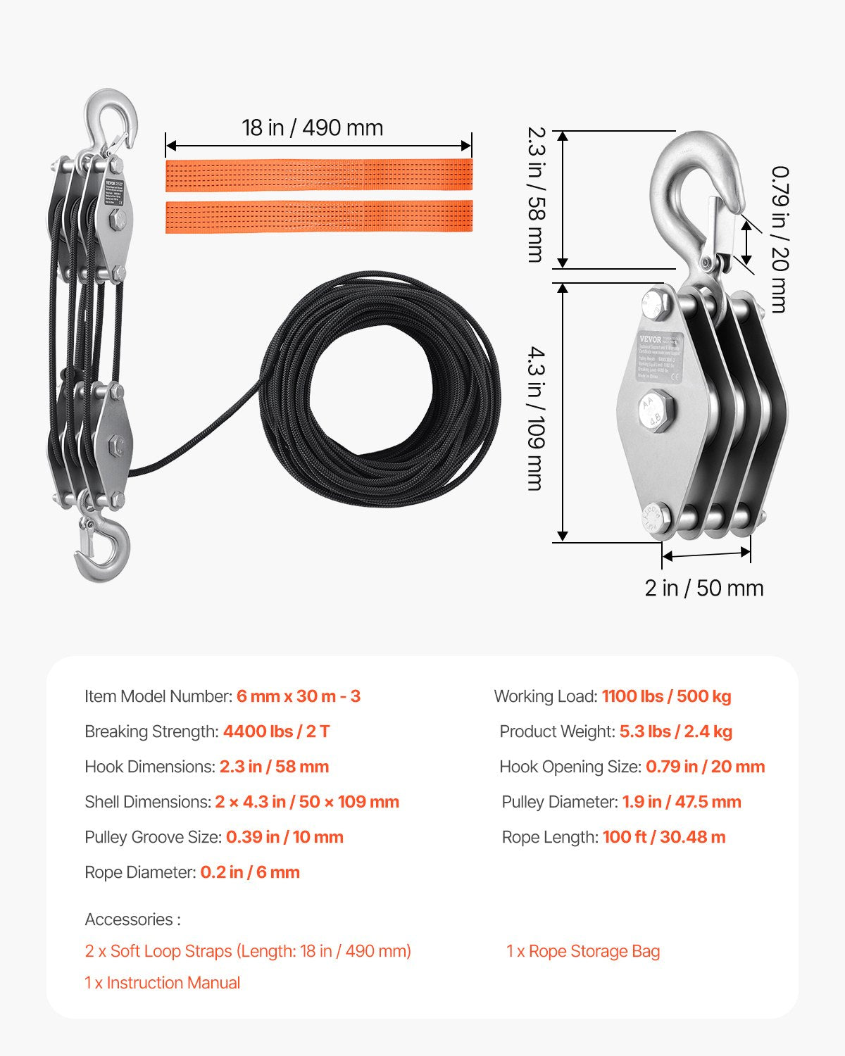 VEVOR 4400 lbs Breaking Strength 100 FT Rope Pulley Hoist, 5:1 Lifting Power Heavy Duty Pulley System with 2pcs Soft Loops, Metal Wheels Bearing Structure, Block and Tackle for Lifting Heavy Objects