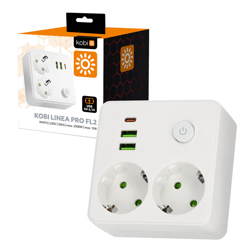 Splitter LINEA PRO FL2 2 sockets+2USB/1USB-C white Kobi