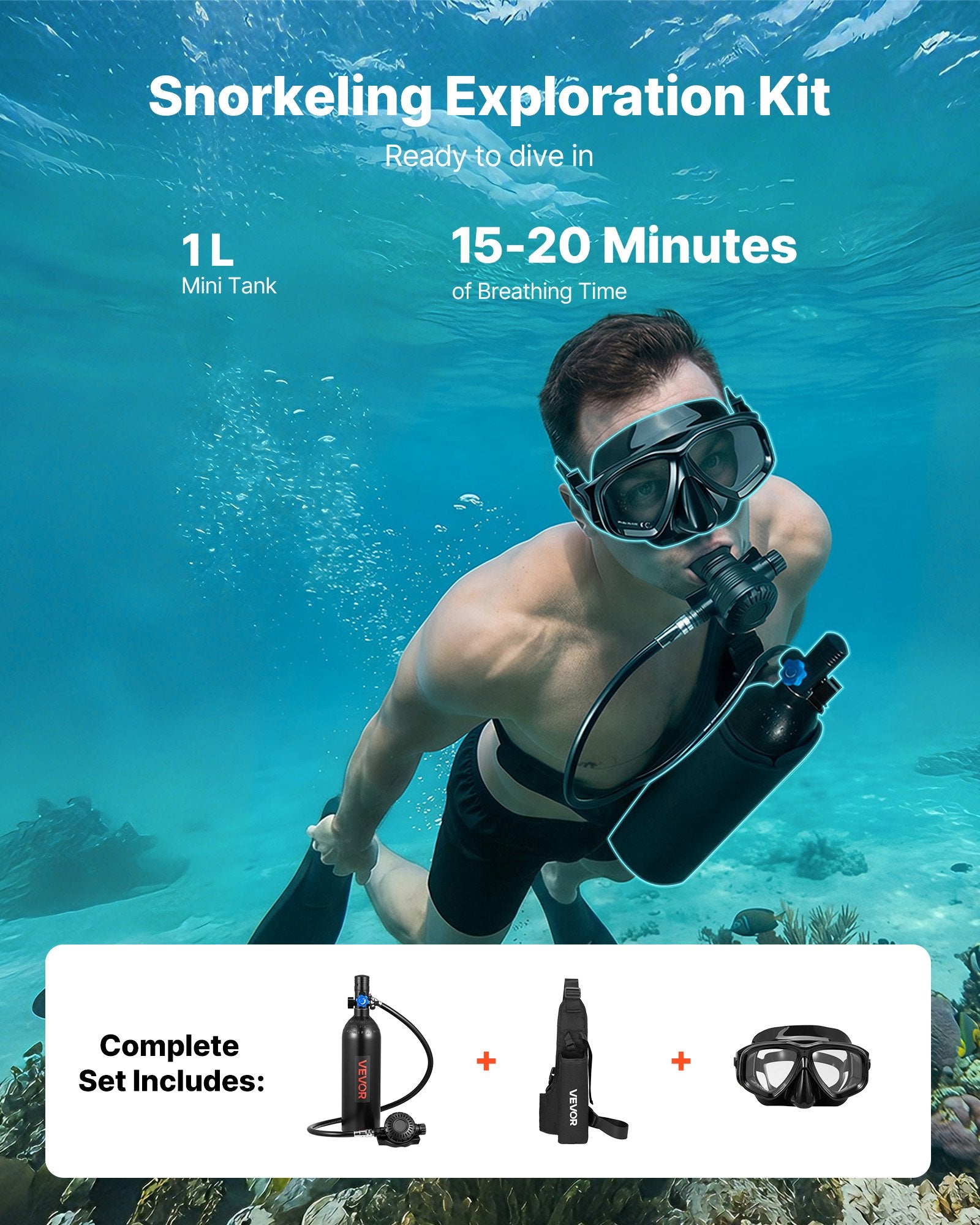 VEVOR Mini Scuba Tank, 1L Portable Diving Tank for Underwater Breathing, Reusable Lung Diving Cylinder up to 20 Minutes Dive Time, Emergency Rescue Pony Bottle with Backpack & Goggles for Snorkeling