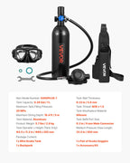 VEVOR Mini Scuba Tank, 1L Portable Diving Tank for Underwater Breathing, Reusable Lung Diving Cylinder up to 20 Minutes Dive Time, Emergency Rescue Pony Bottle with Backpack & Goggles for Snorkeling
