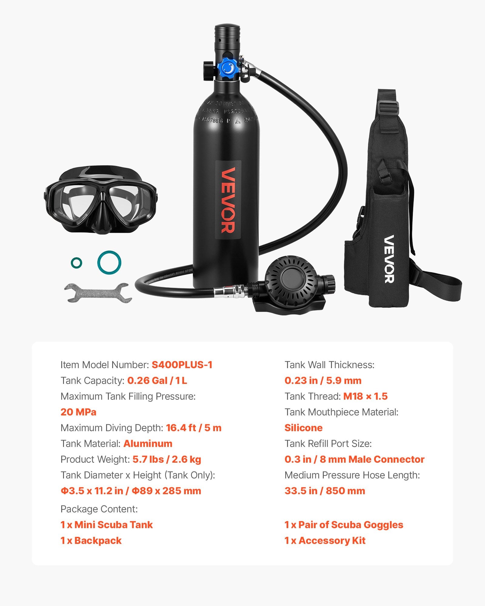 VEVOR Mini Scuba Tank, 1L Portable Diving Tank for Underwater Breathing, Reusable Lung Diving Cylinder up to 20 Minutes Dive Time, Emergency Rescue Pony Bottle with Backpack & Goggles for Snorkeling
