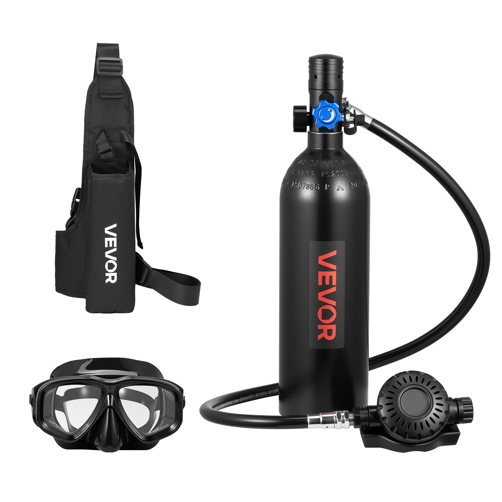 VEVOR Mini Scuba Tank, 1L Portable Diving Tank for Underwater Breathing, Reusable Lung Diving Cylinder up to 20 Minutes Dive Time, Emergency Rescue Pony Bottle with Backpack & Goggles for Snorkeling