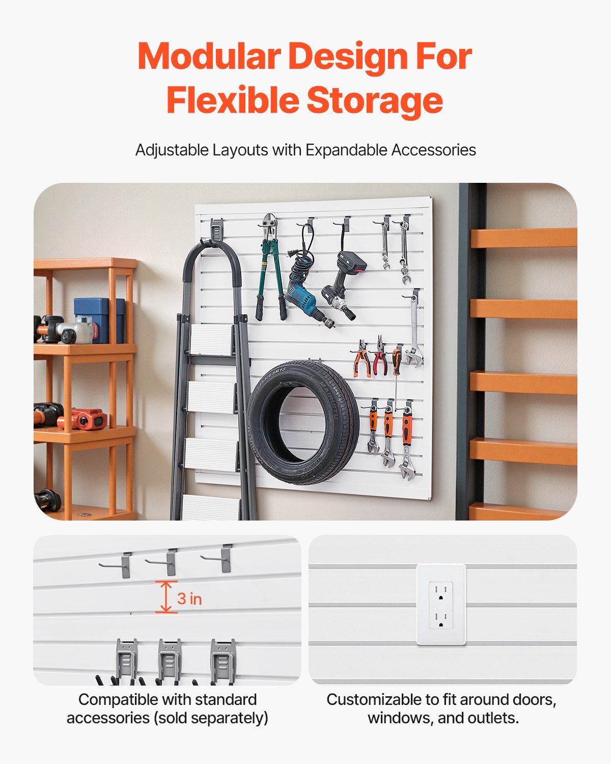 VEVOR Slat Wall Paneling, 4 x 4 ft, PVC Garage Slatwall with Modular Design, White Slat Wall Easy-to-Install Adjustable Slatwall Panel with Coupling Structure & DIY Cutting, Fits for Storage & Display