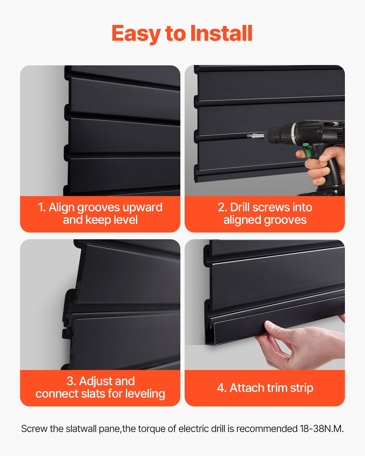 VEVOR Slat Wall Paneling, 4 x 4 ft, PVC Garage Slatwall with Modular Design, Black Slat Wall Easy-to-Install Adjustable Slatwall Panel with Coupling Structure & DIY Cutting, Fits for Storage & Display
