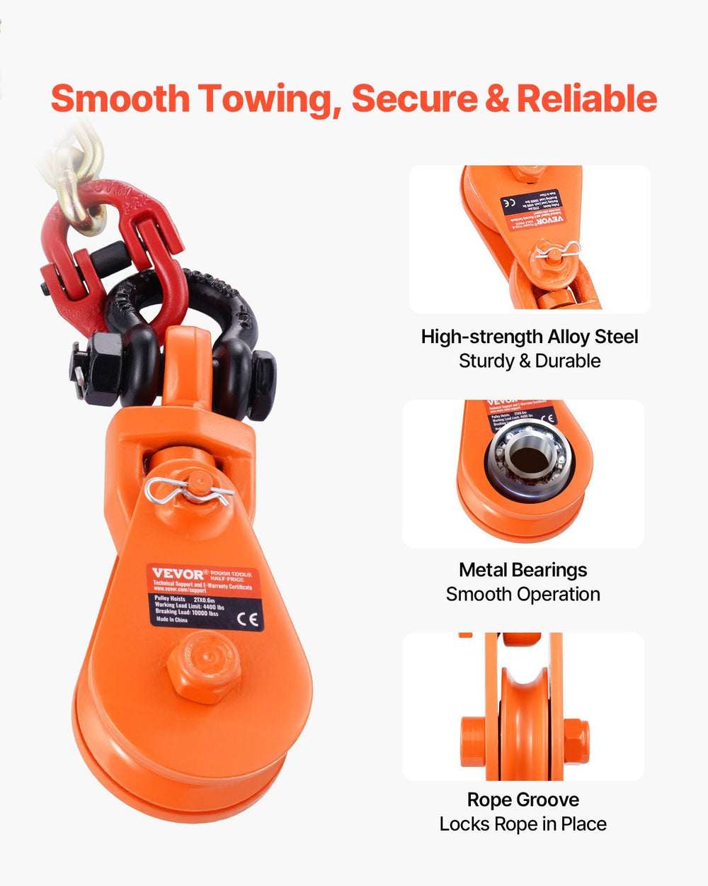 VEVOR 2 Ton Snatch Block with G80 Chain, Swivel Shackle, 3" Sheave for 3/8" Wire Rope, Snatch Block Pulley for Towing and Recovery Applications on Flatbed Tow Truck Rollback Wrecker Car Carrier Cable