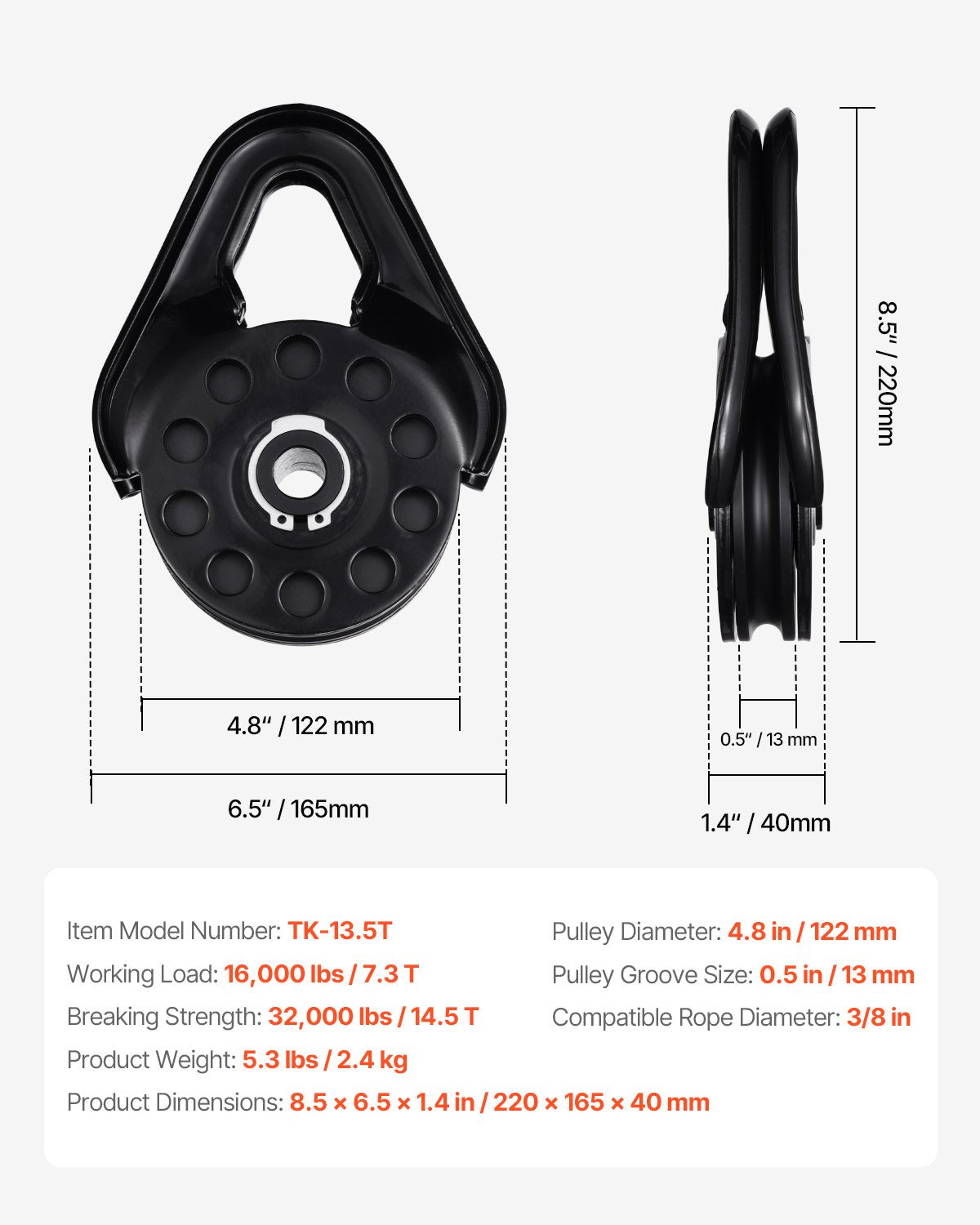 VEVOR 14.5 Ton Snatch Block for Winch Recovery, Heavy Duty 32,000 lbs Break Strength, Work with 3/8 inch Rope, Compact Offroad Recovery Accessory for Towing & Recovery on Truck, Tractor, ATV & UTV