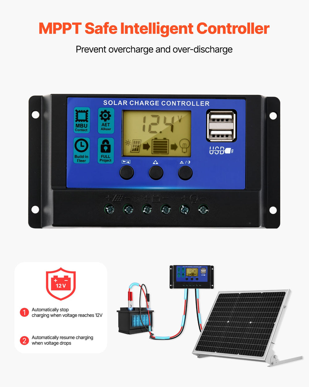VEVOR 50W 12V Solar Battery Trickle Charger Maintainer, Mono Solar Panel Battery Charger with Upgraded MPPT Controller & Adjustable Mount Bracket, IP65 Waterproof for Car Boat RV Trailer House Roof
