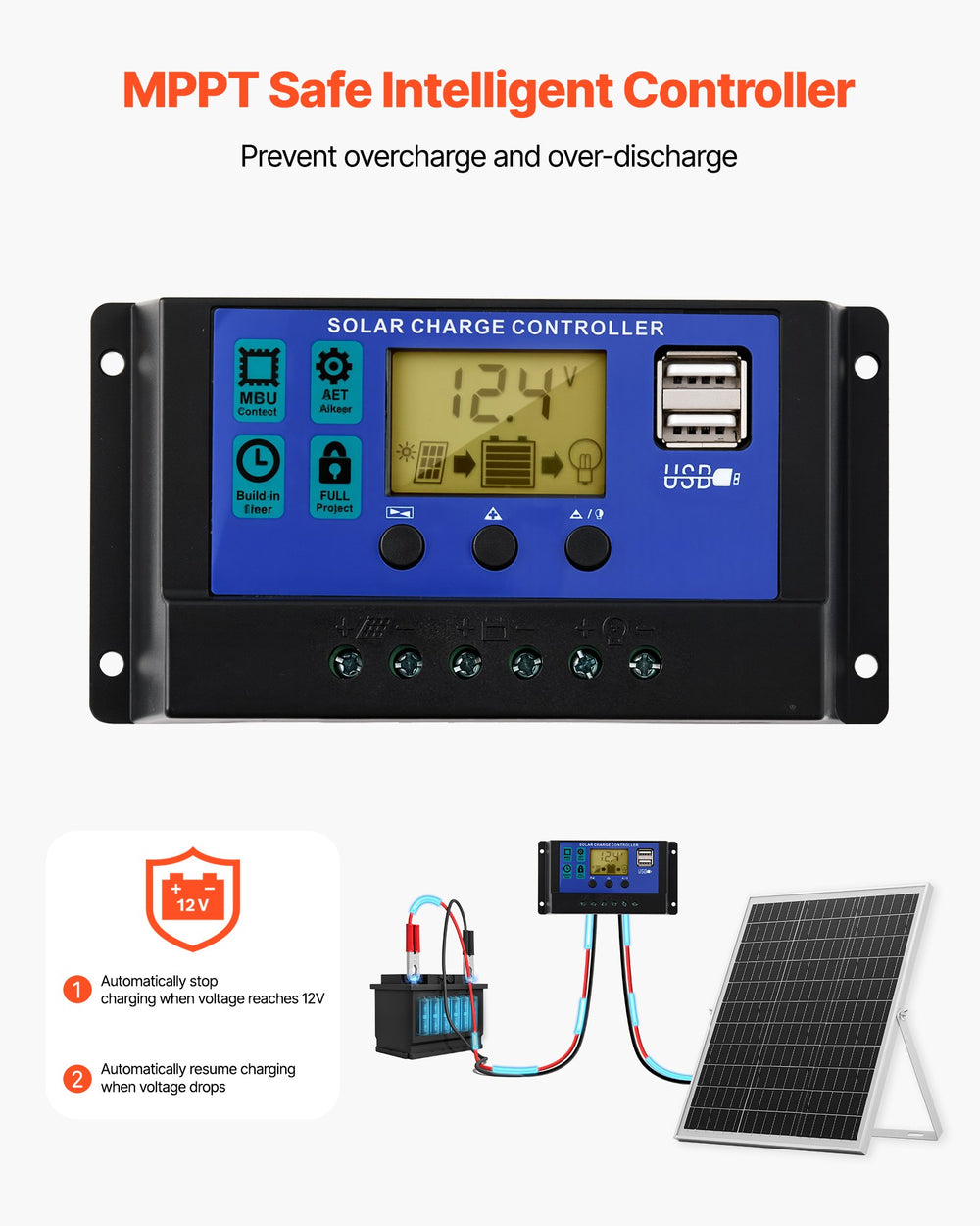 VEVOR 25W 12V Solar Panel Battery Charger, Solar Battery Trickle Charger Maintainer with Intelligent MPPT Controller & Adjustable Mount Bracket, IP67 Waterproof for Car Boat RV Motorcycle Trailer